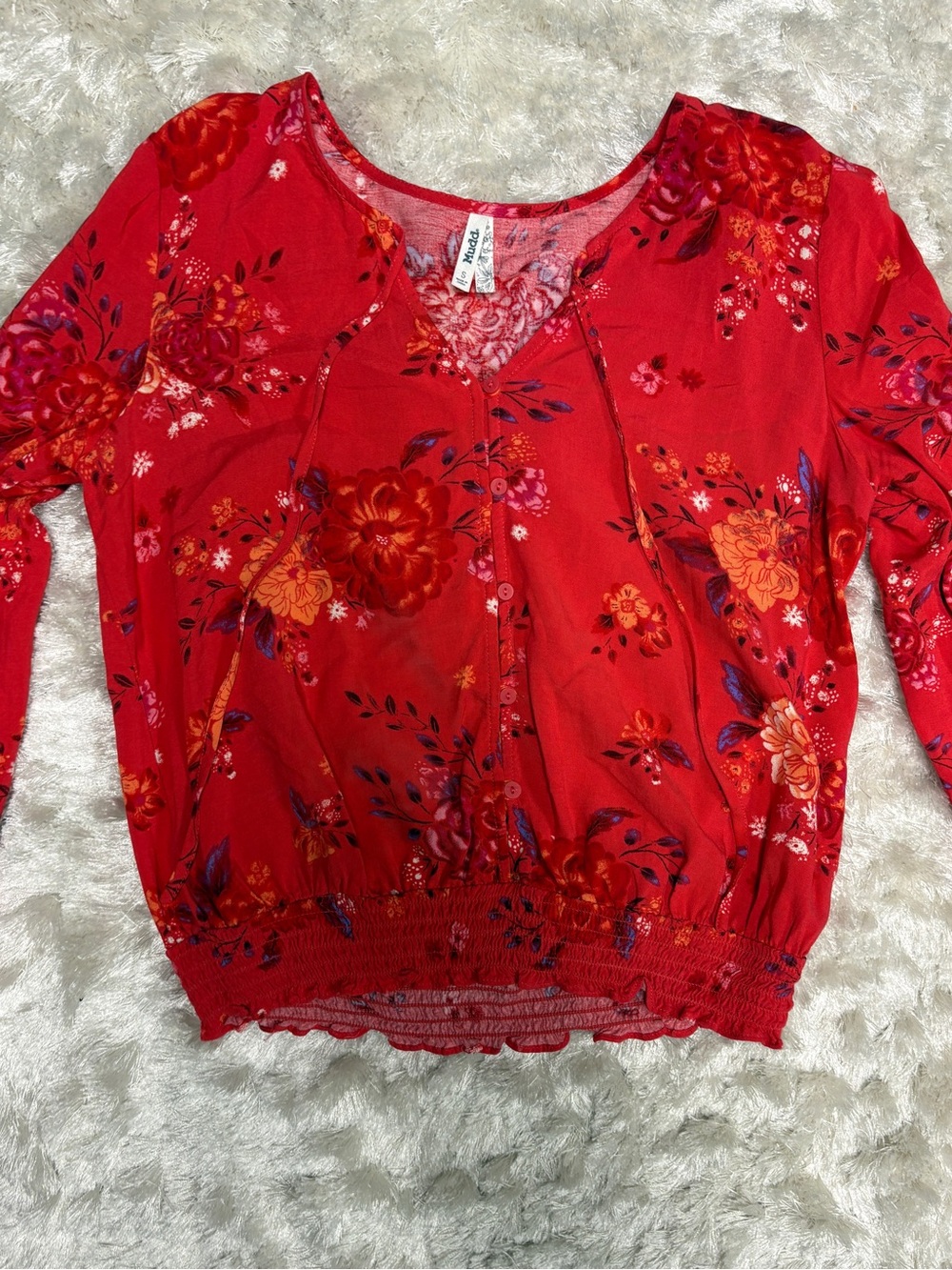 Mudd Women’s / Juniors Red Orange Floral Long Sleeve Keyhole Top: Like New